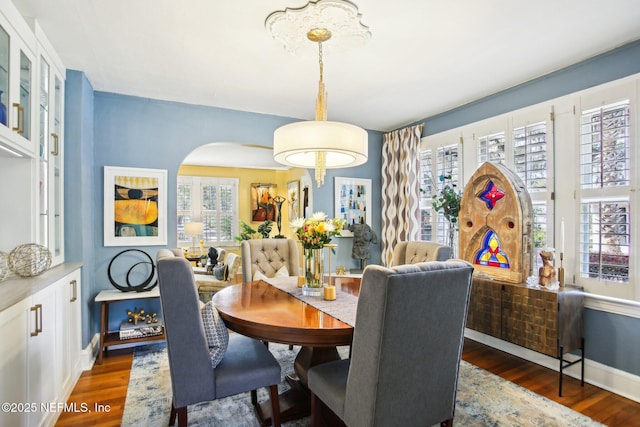 dining area featuring plenty of natural light and dark hardwood / wood-style floors