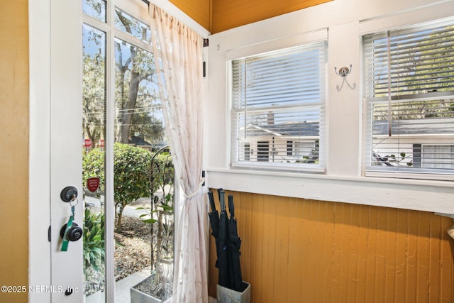 doorway featuring a wealth of natural light and wooden walls