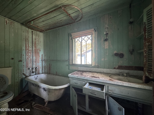 bathroom with vanity, toilet, and a washtub