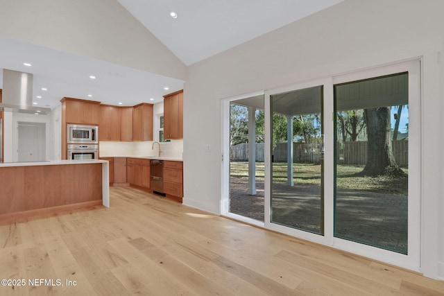 kitchen with plenty of natural light, appliances with stainless steel finishes, range hood, and light wood-type flooring