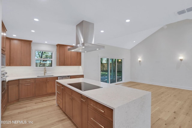 kitchen with lofted ceiling, sink, appliances with stainless steel finishes, a center island, and island exhaust hood