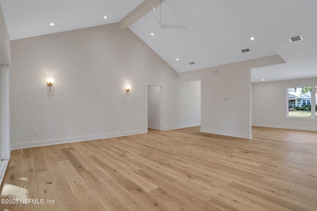 unfurnished living room featuring beam ceiling, ceiling fan, high vaulted ceiling, and light hardwood / wood-style floors