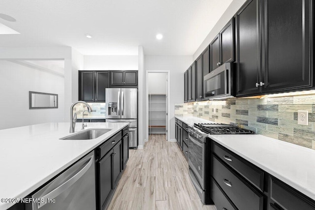 kitchen featuring stainless steel appliances, sink, light wood-type flooring, and decorative backsplash