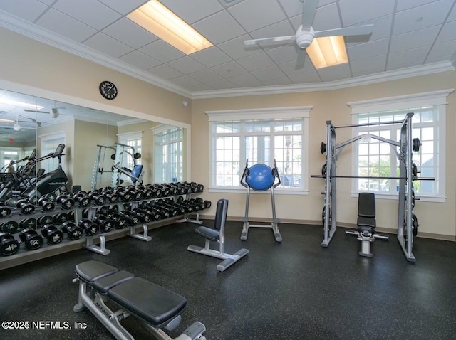 gym with crown molding and ceiling fan