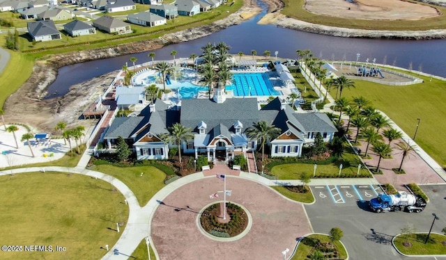 aerial view featuring a water view