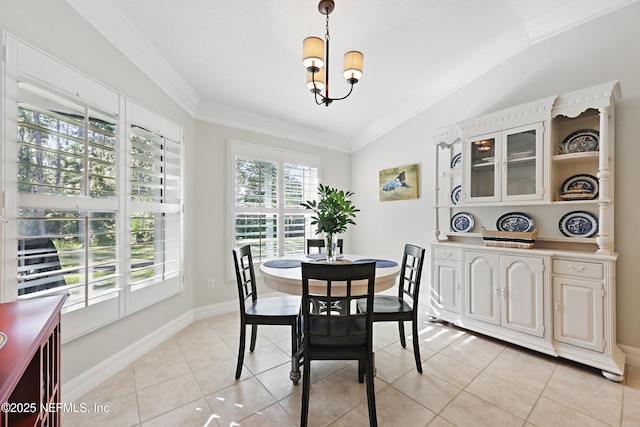 dining area featuring crown molding, lofted ceiling, light tile patterned flooring, and a notable chandelier