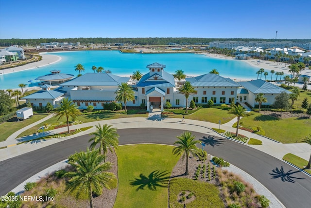 bird's eye view with a water view