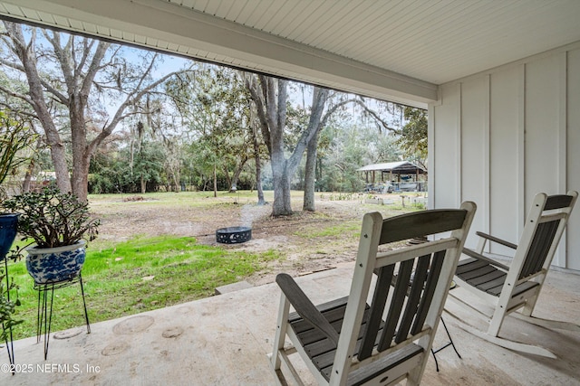 view of patio / terrace featuring a fire pit