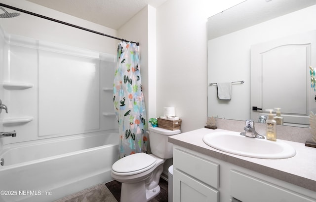 full bathroom with vanity, toilet, shower / tub combo, and a textured ceiling