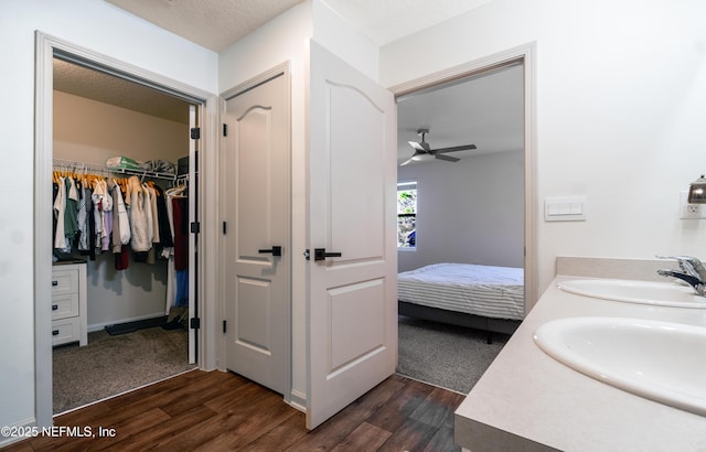 bathroom featuring ceiling fan, vanity, hardwood / wood-style floors, and a textured ceiling