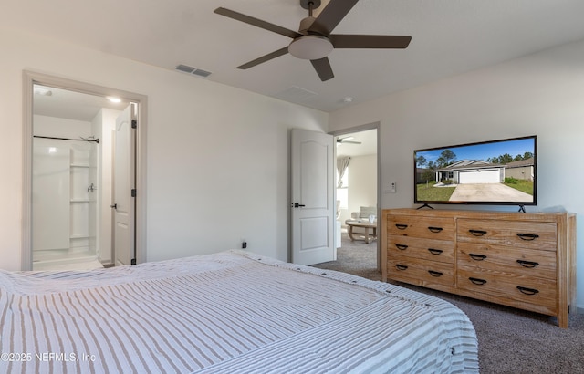 carpeted bedroom with connected bathroom and ceiling fan