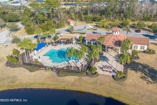 drone / aerial view with a water view