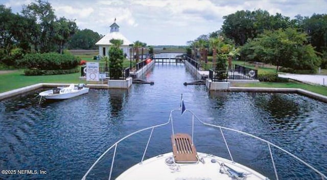 view of dock with a water view