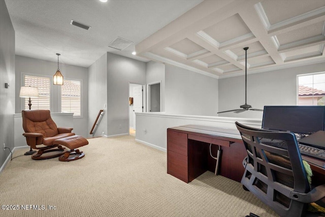 carpeted office with beamed ceiling and coffered ceiling