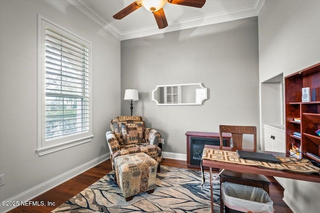 office area with hardwood / wood-style flooring, ornamental molding, and ceiling fan