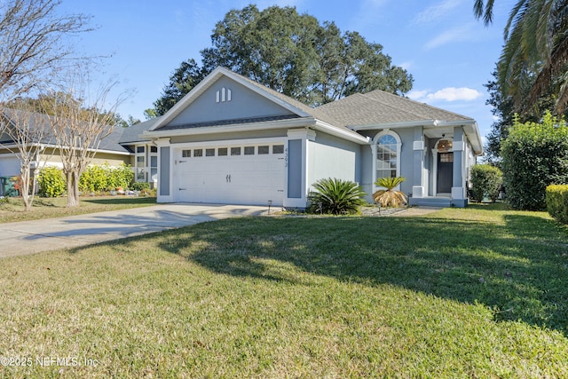 ranch-style home featuring a garage and a front lawn