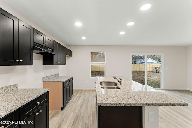 kitchen featuring light stone countertops, sink, a kitchen island with sink, and light hardwood / wood-style floors