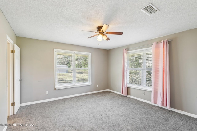 carpeted spare room with a textured ceiling, plenty of natural light, and ceiling fan