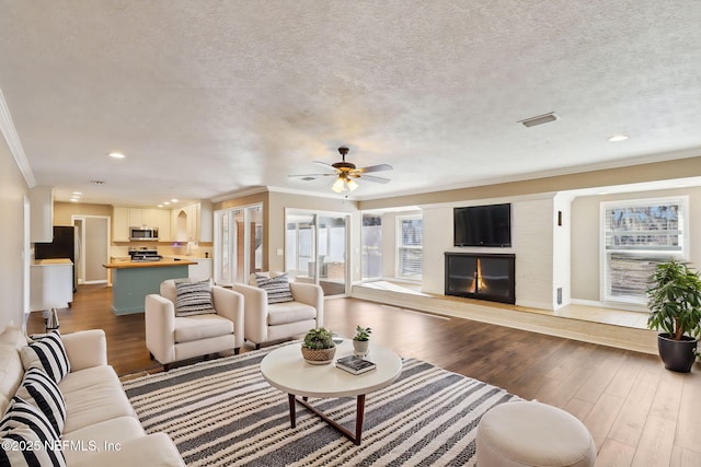 living room with ceiling fan, crown molding, wood-type flooring, and a textured ceiling