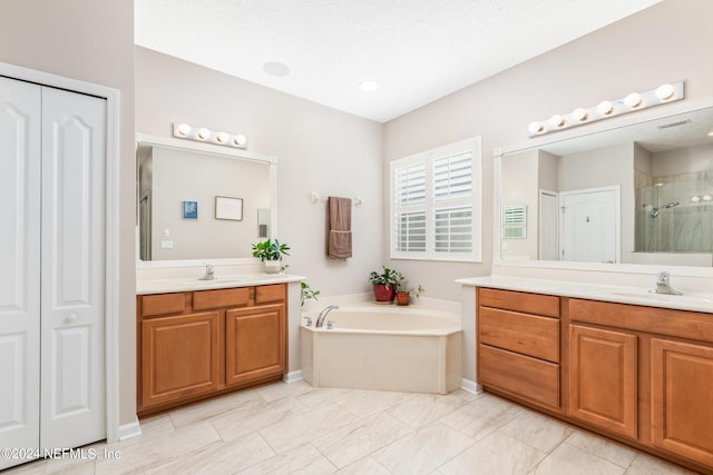 bathroom featuring vanity and plus walk in shower