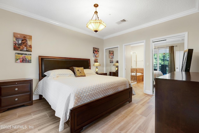 bedroom featuring ornamental molding, connected bathroom, and access to exterior