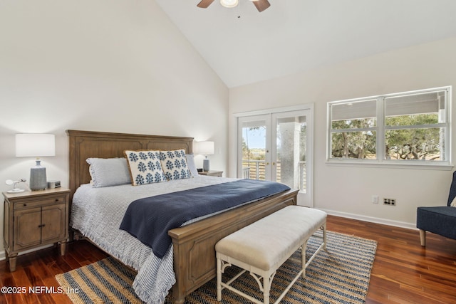 bedroom with ceiling fan, access to exterior, high vaulted ceiling, dark hardwood / wood-style floors, and french doors