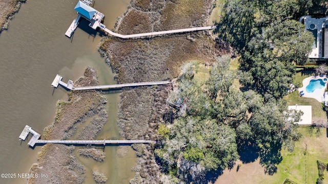 aerial view featuring a water view