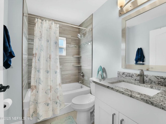 full bathroom featuring vanity, shower / tub combo, tile patterned floors, and toilet