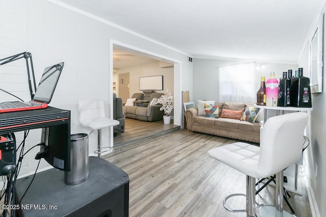 living room featuring ornamental molding and light hardwood / wood-style floors