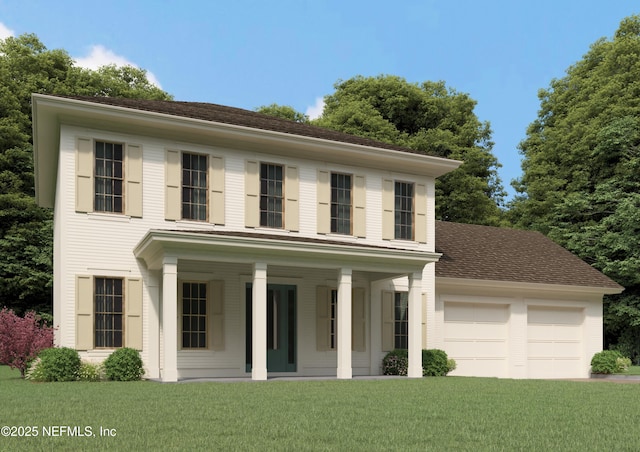 view of front of home with a garage, a front yard, and a porch