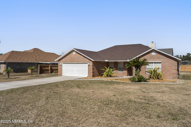 ranch-style home with a garage and a front lawn