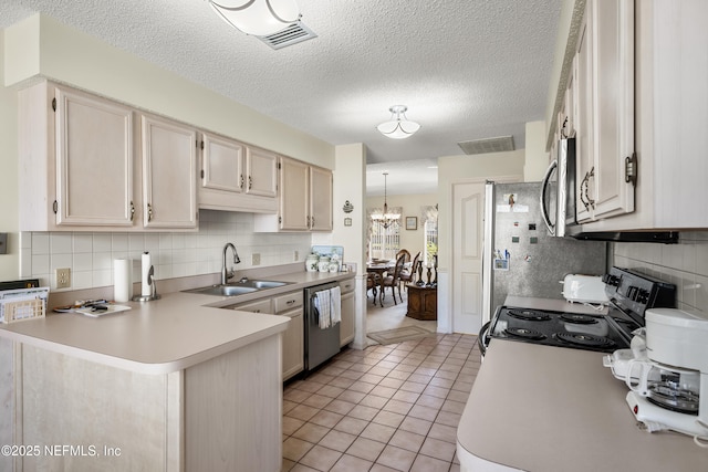 kitchen featuring electric stove, sink, light tile patterned floors, stainless steel dishwasher, and kitchen peninsula