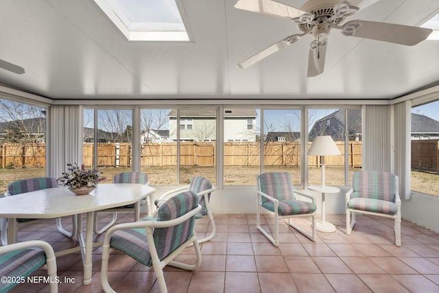 sunroom featuring a skylight and ceiling fan