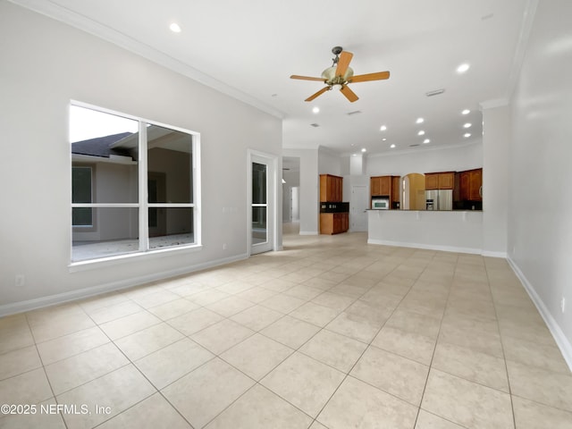 unfurnished living room featuring crown molding, light tile patterned floors, and ceiling fan