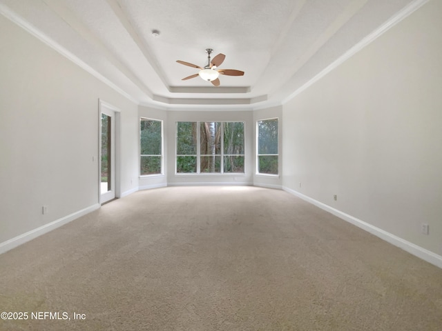 empty room with crown molding, carpet flooring, ceiling fan, and a tray ceiling