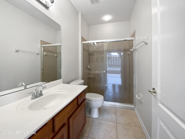 bathroom with tile patterned flooring, vanity, a shower with shower door, and toilet