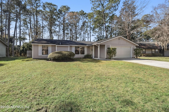 single story home featuring a garage and a front yard