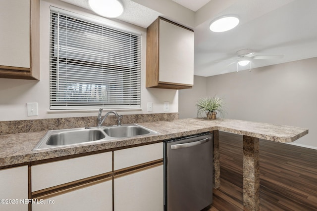 kitchen featuring ceiling fan, stainless steel dishwasher, sink, and white cabinets