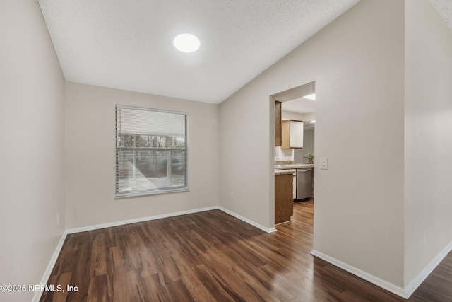 empty room featuring lofted ceiling, dark wood-type flooring, and a textured ceiling