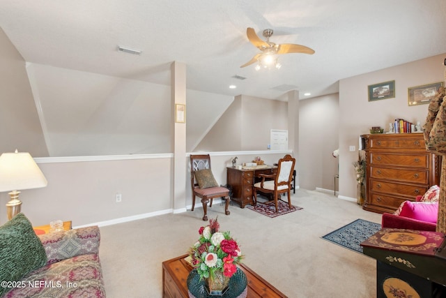 living room with visible vents, baseboards, ceiling fan, carpet, and recessed lighting