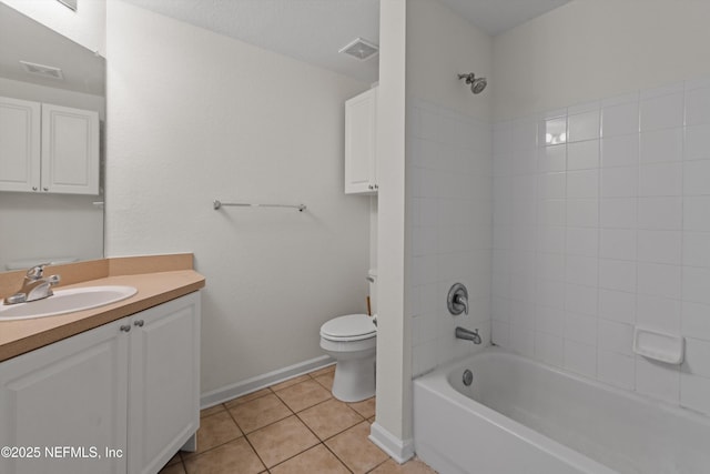 full bathroom with tiled shower / bath, vanity, toilet, and tile patterned flooring