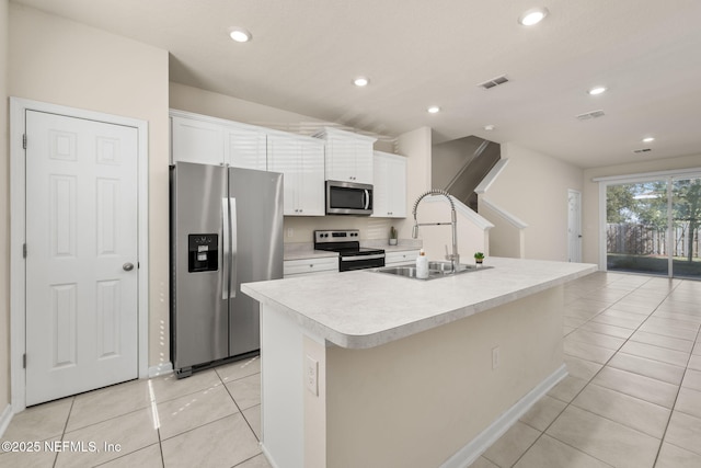 kitchen featuring visible vents, a sink, stainless steel appliances, white cabinets, and light countertops