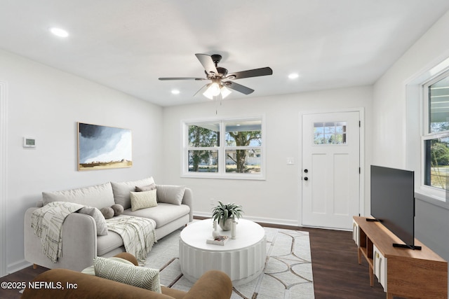 living room with ceiling fan and dark hardwood / wood-style flooring