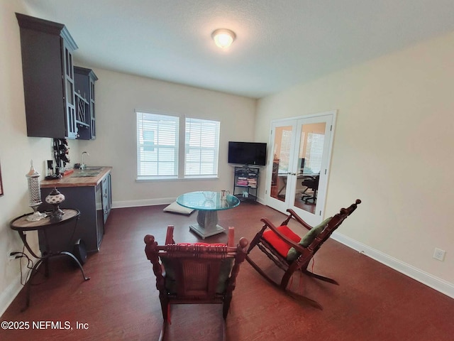 living room with sink and french doors