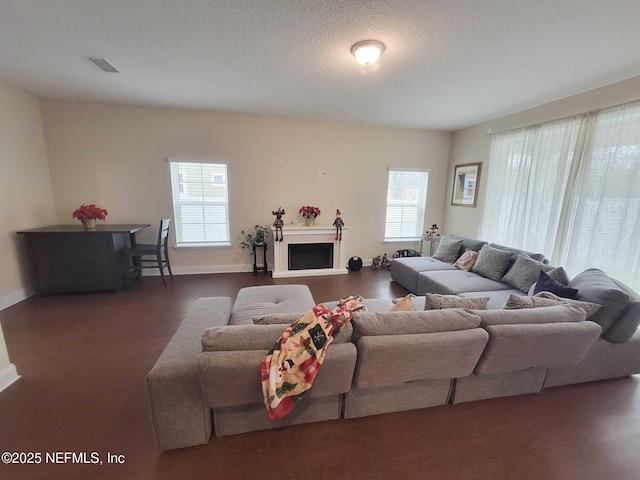 living room featuring dark hardwood / wood-style flooring, a textured ceiling, and a healthy amount of sunlight