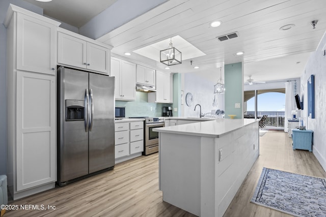 kitchen featuring decorative light fixtures, light hardwood / wood-style flooring, kitchen peninsula, stainless steel appliances, and white cabinets