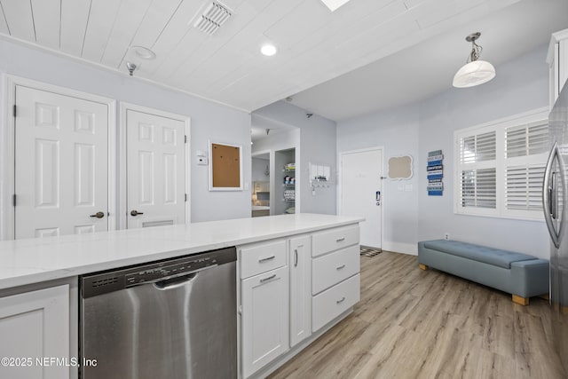 kitchen featuring light hardwood / wood-style flooring, hanging light fixtures, wooden ceiling, white cabinets, and stainless steel dishwasher