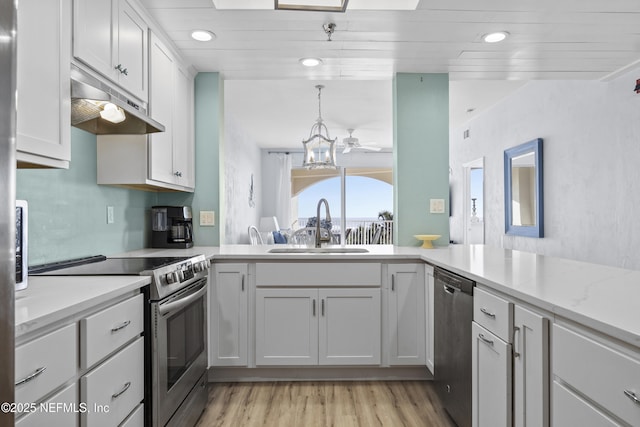 kitchen with sink, white cabinetry, appliances with stainless steel finishes, kitchen peninsula, and light stone countertops