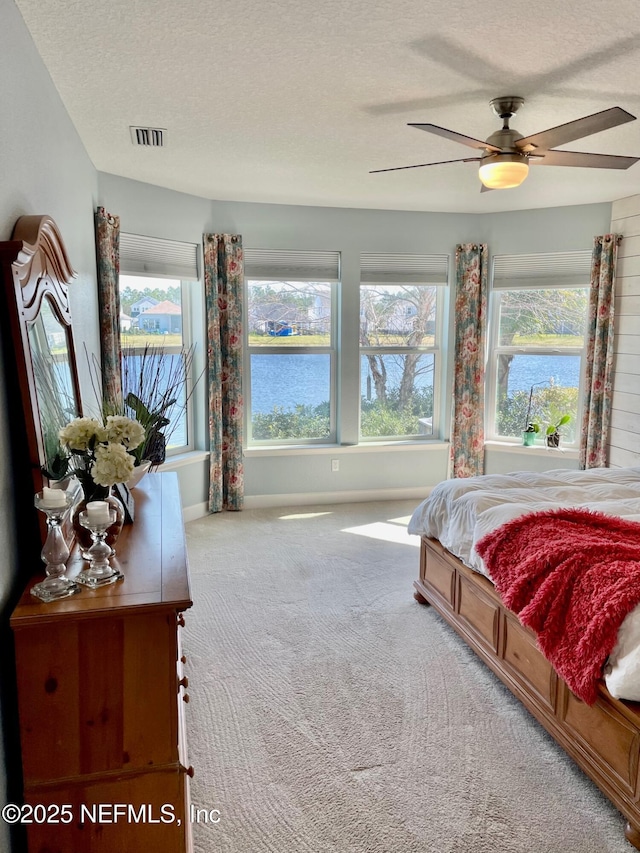 bedroom featuring multiple windows, a water view, carpet flooring, and a textured ceiling