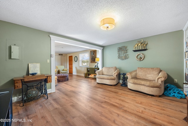 living room featuring electric panel, a textured ceiling, and light wood-type flooring